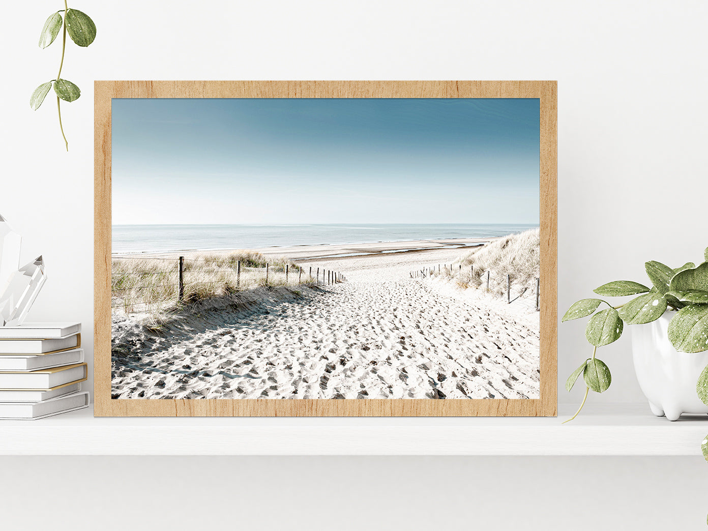 Sandy Path to Sea & Blue Sky Faded Photograph Glass Framed Wall Art, Ready to Hang Quality Print Without White Border Oak