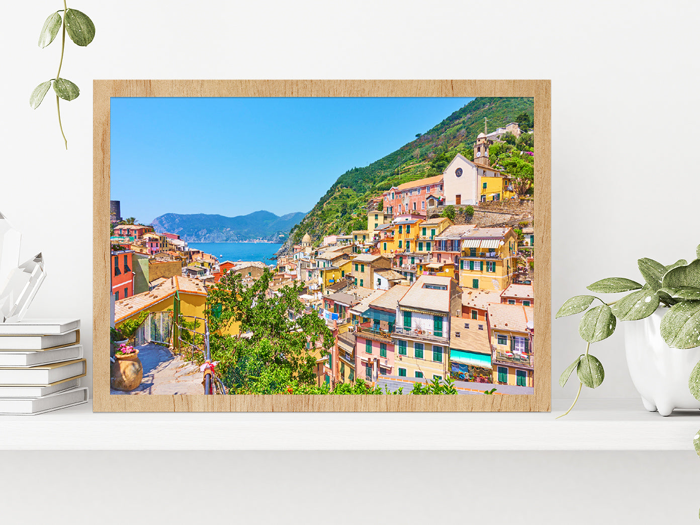 Vernazza Town By The Sea In Italy Glass Framed Wall Art, Ready to Hang Quality Print Without White Border Oak