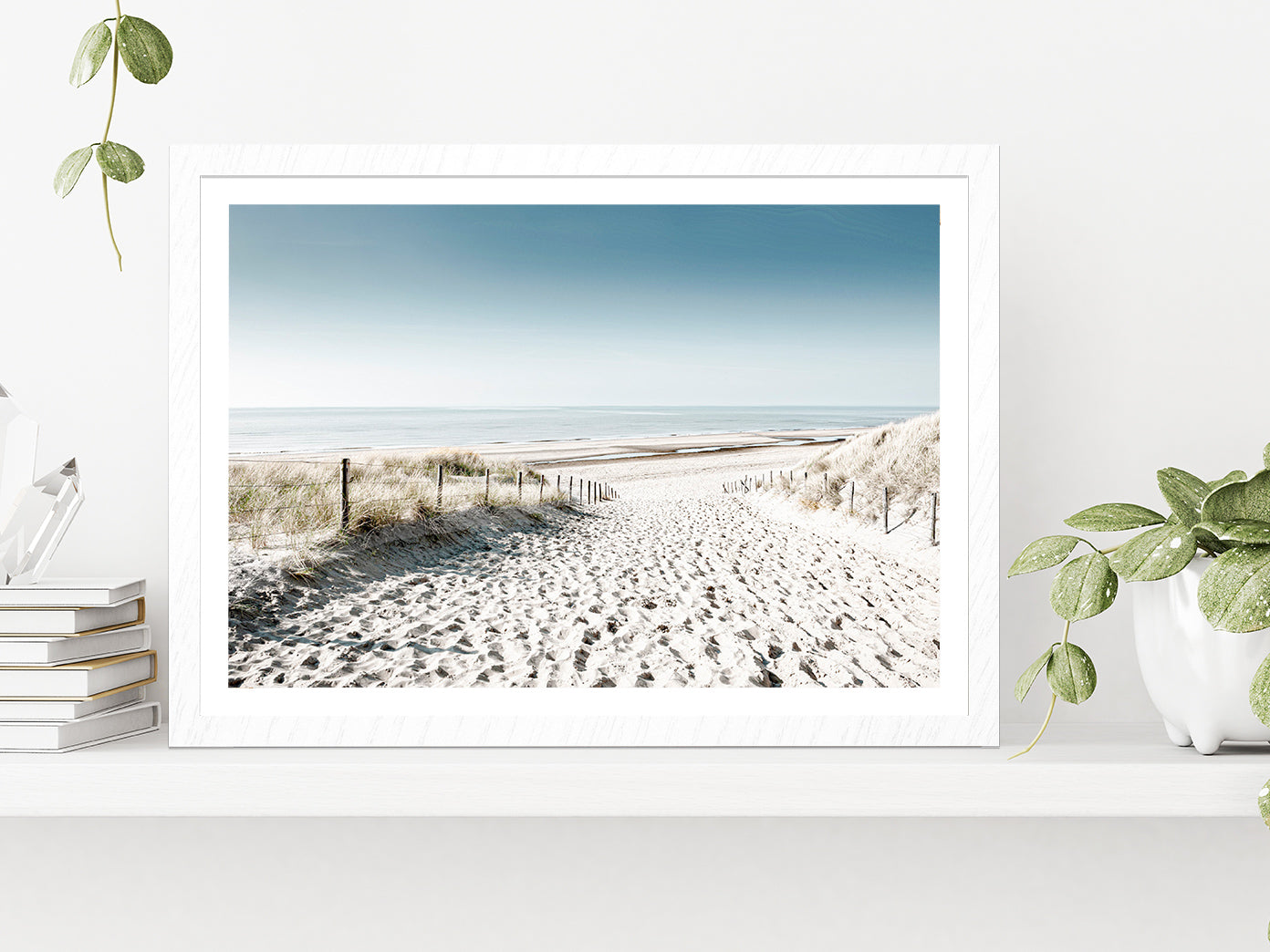 Sandy Path to Sea & Blue Sky Faded Photograph Glass Framed Wall Art, Ready to Hang Quality Print With White Border White