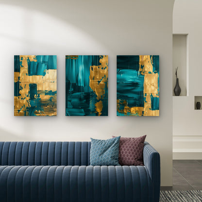 3pcs Abstract Teal Deep Turquoise Gold Metal Print Ready to Hang Art