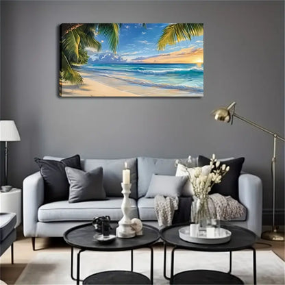 Vibrant Azure Blue Ocean & Palm Wall Art Canvas Office Home Room Framed 120x60cm - Bella Home Decor