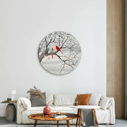 Grey White Flower Blossoming Red Bird Couple Acrylic Glass Rounded Print Tempered Glass Wall Art 100% Made in Australia Ready to Hang