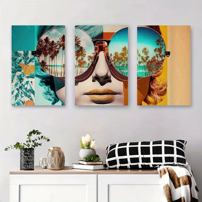 3pcs Glasses, Tropical Palm Trees & Colorful Sky Metal Print Ready to Hang Art - Bella Home Decor