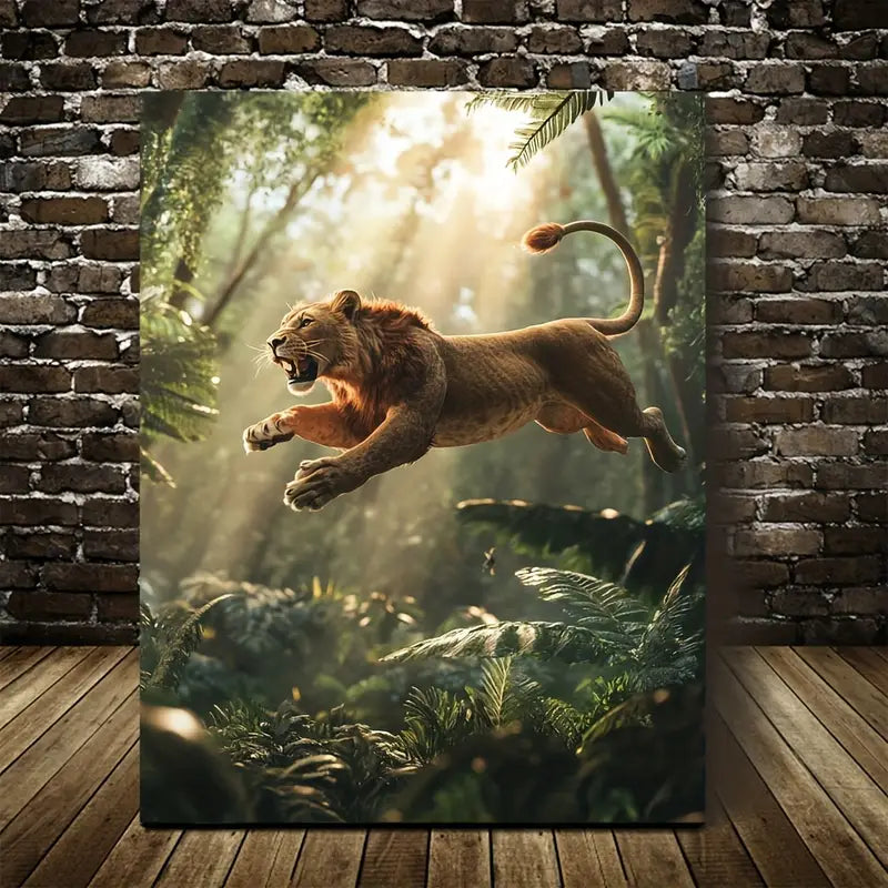 Lion Jumping in Jungle Golden Hour Scene 40x60cm Metal Print Ready to Hang - Bella Home Decor