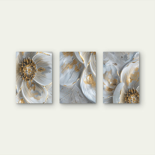 3pcs White Gold Floral Abstract Painting Metal Print Ready to Hang Art