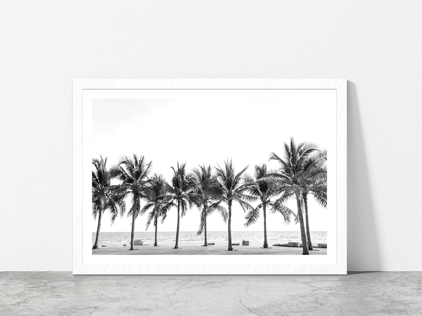 B&W Palm Trees near Beach Photograph Glass Framed Wall Art, Ready to Hang Quality Print With White Border White