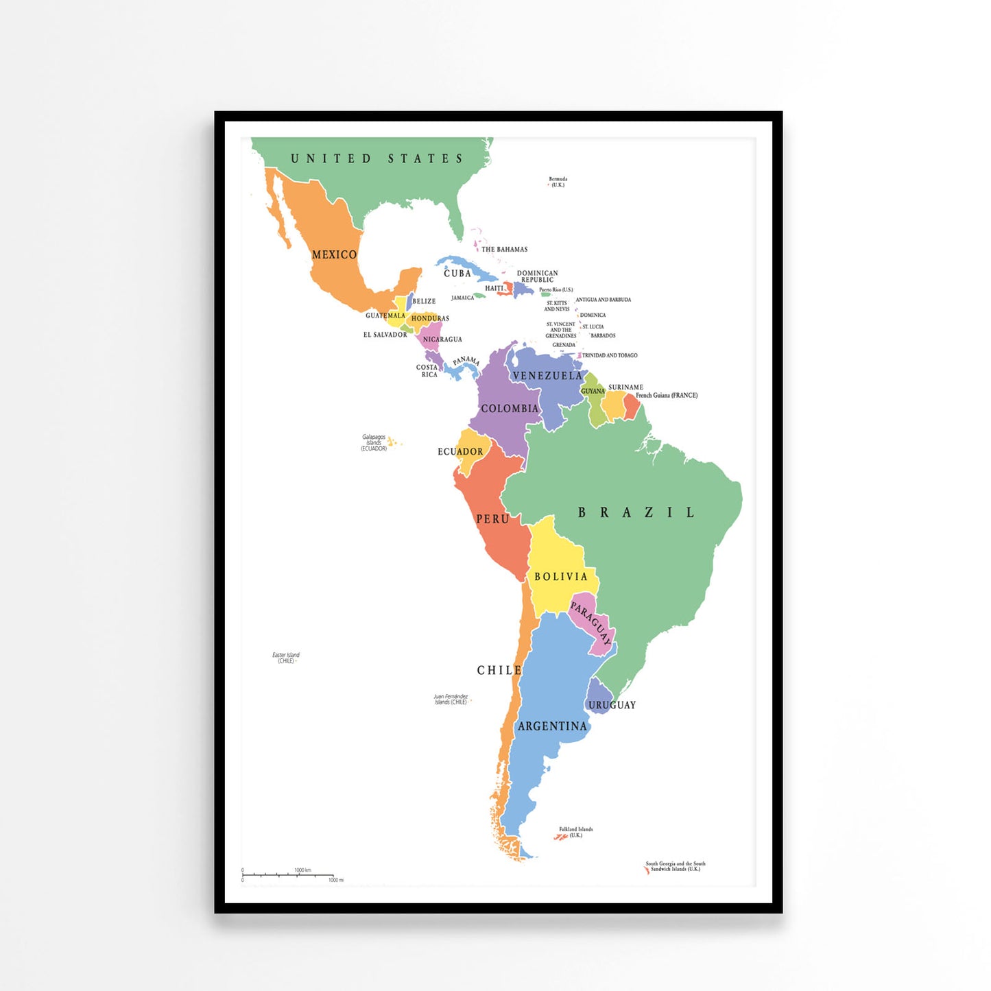 Latin America Single States Political Map Home Decor Premium Quality Poster Print Choose Your Sizes