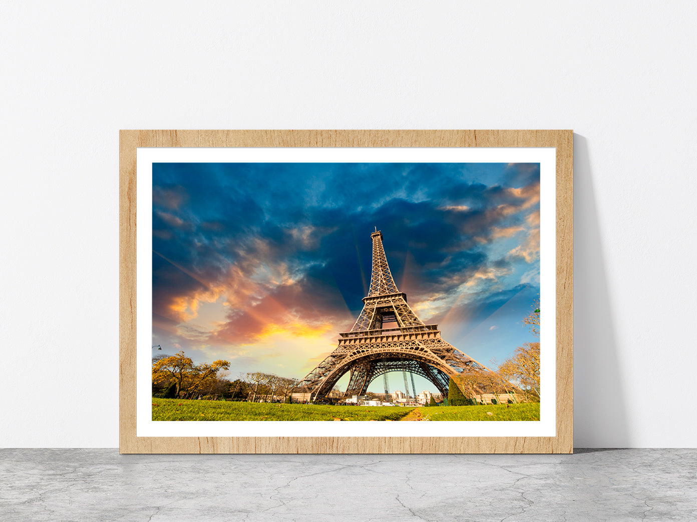 Eiffel Tower In Paris & Sunrise Glass Framed Wall Art, Ready to Hang Quality Print With White Border Oak