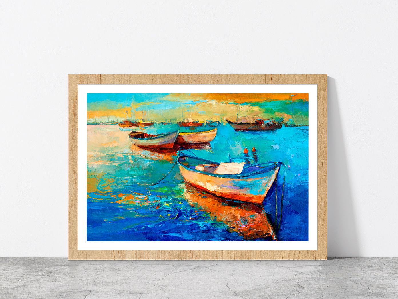 Boats On Sea & Sunset Over The Sea Painting Glass Framed Wall Art, Ready to Hang Quality Print With White Border Oak