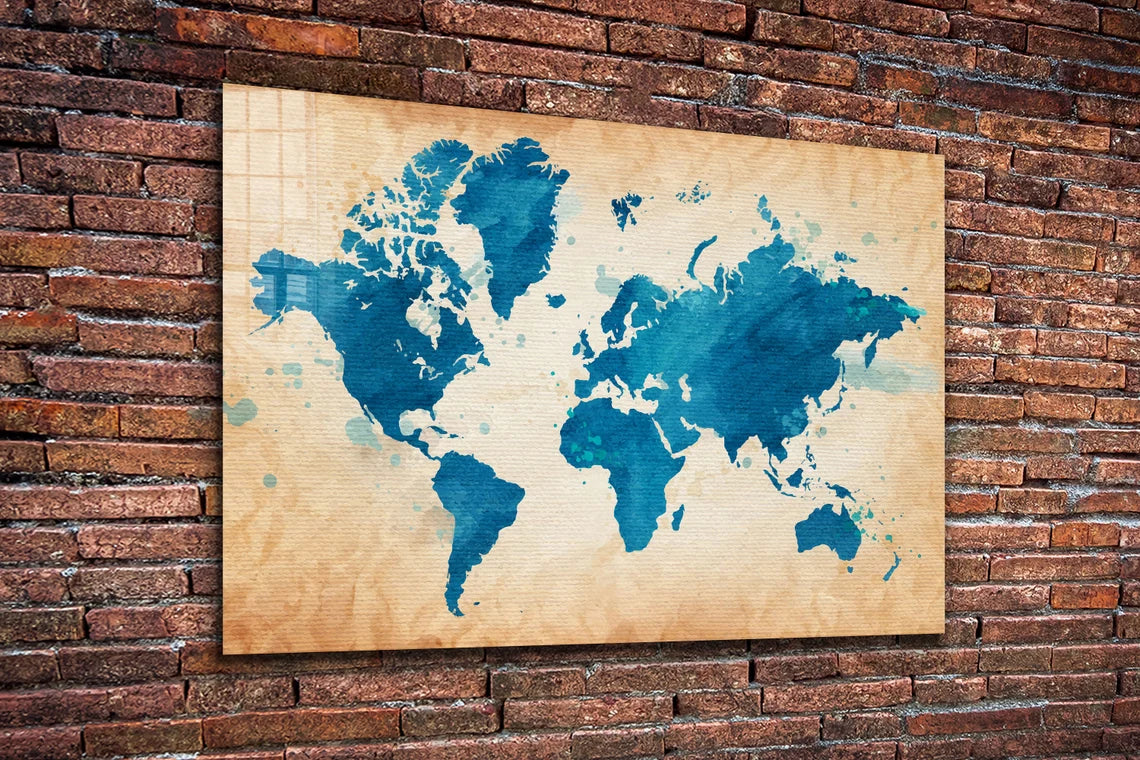 Blue World Map Vector UV Direct Aluminum Print Australian Made Quality