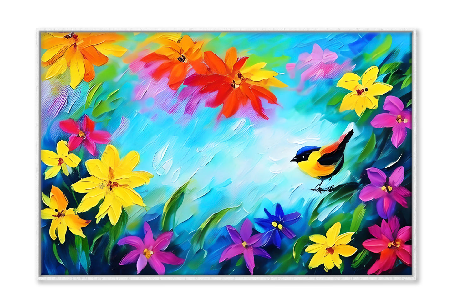 Bird & Spring Colorful Flowers Oil Painting Wall Art Limited Edition High Quality Print Canvas Box Framed White