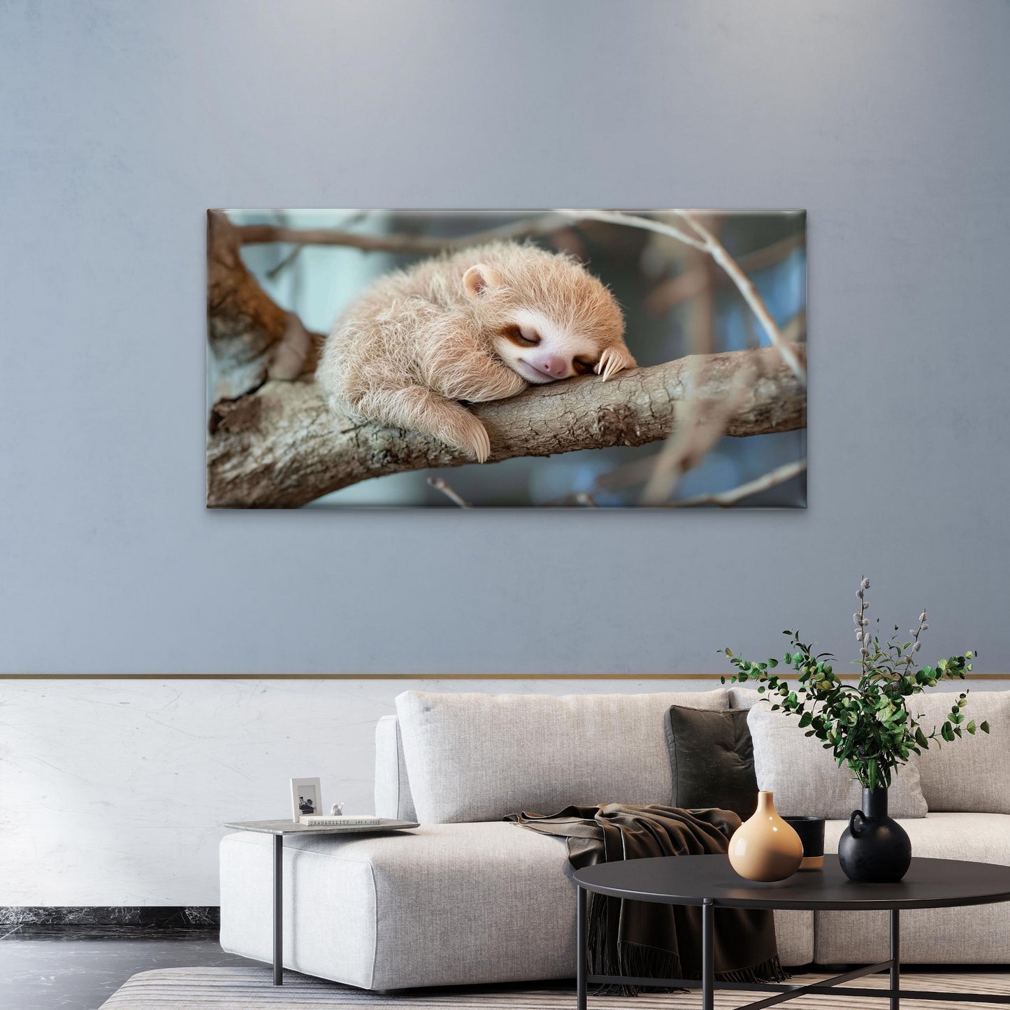 Adorable Baby Sloth Sleeping Tree Branch Nature Wall Art Canvas Office Home Room Framed 120x60cm