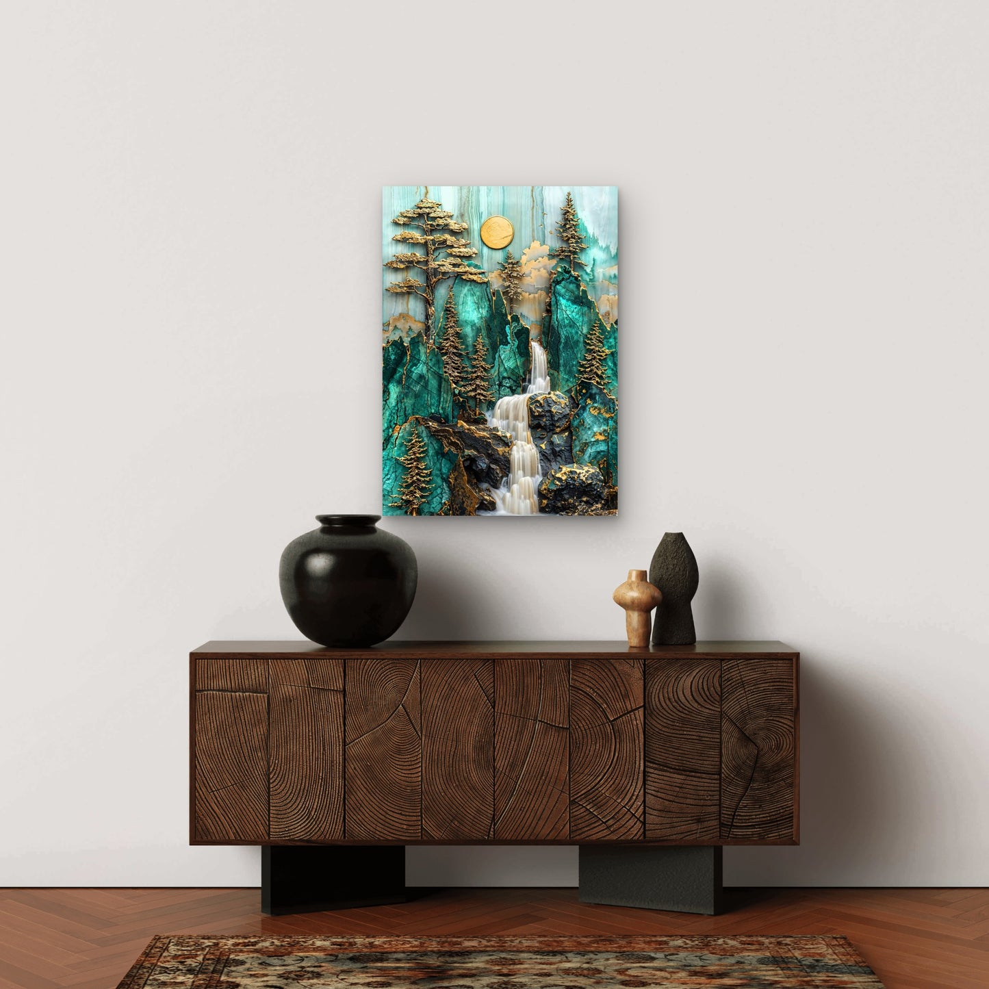 Jade Gold Mountain Waterfall 60x90cm Metal Print Ready to Hang - Bella Home Decor