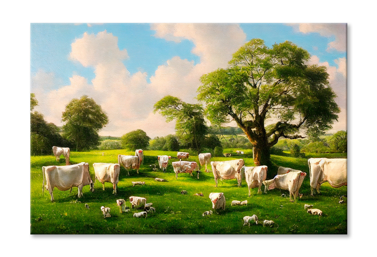 Countryside In Summer With Dairy Cows Eating In The Shade Of A Tree Oil Painting Limited Edition High Quality Print Stretched Canvas None