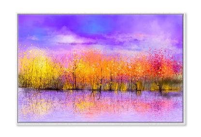 Colorful Autumn Forest, Trees With Yellow, Red Leaf & Lake Oil Painting Wall Art Limited Edition High Quality Print Canvas Box Framed White