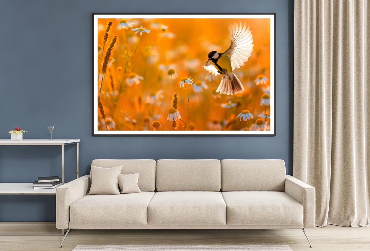 Little Bird Yellow Tit Flies Over a Field Home Decor Premium Quality Poster Print Choose Your Sizes