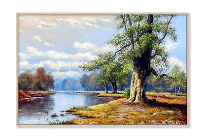 River in Forest with Cloudy Sky Oil Painting Wall Art Limited Edition High Quality Print Canvas Box Framed Natural