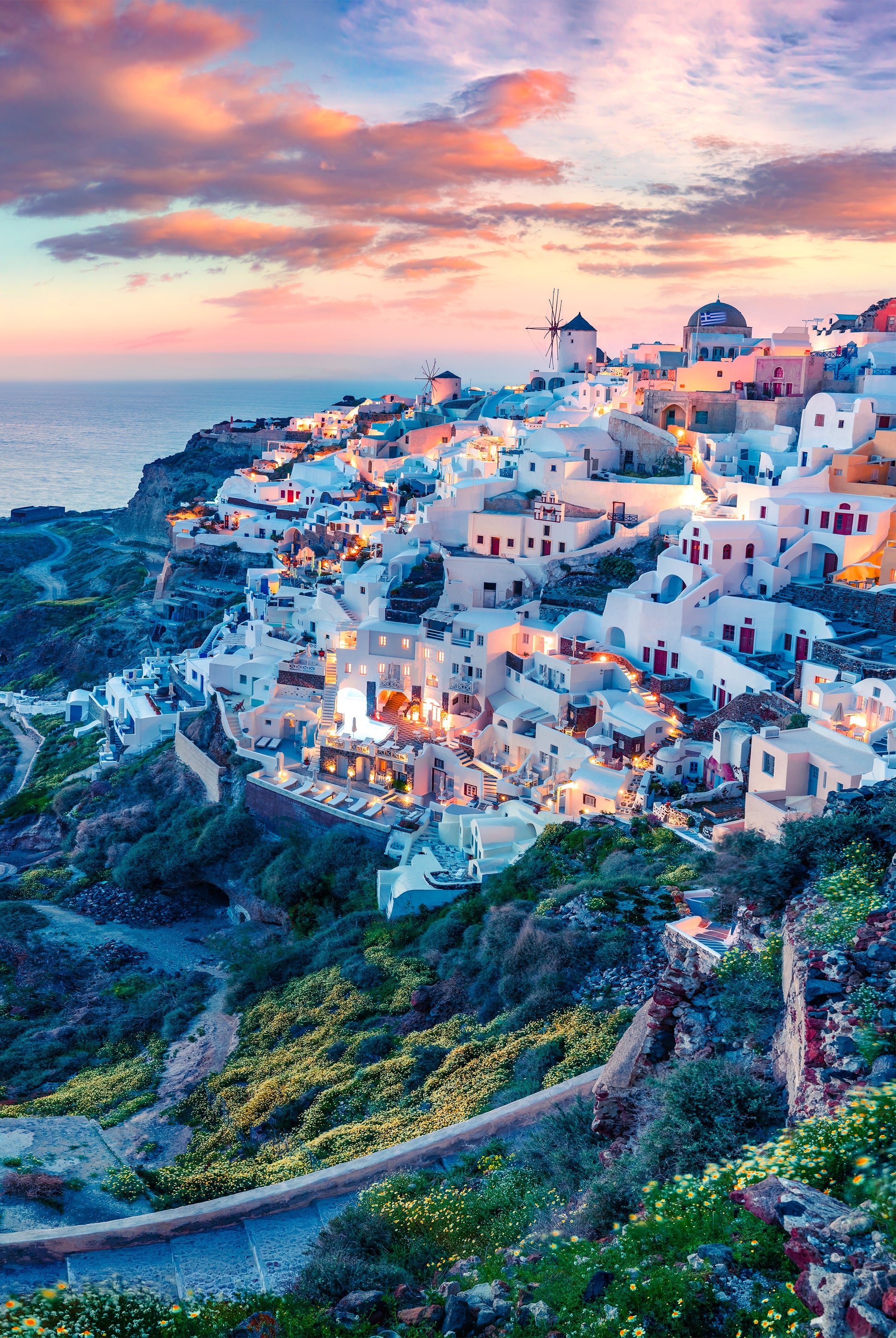 Oia Village Evening Lights Santorini Aegean Sea Wall Art Decor 100% Australian Made - Bella Home Decor