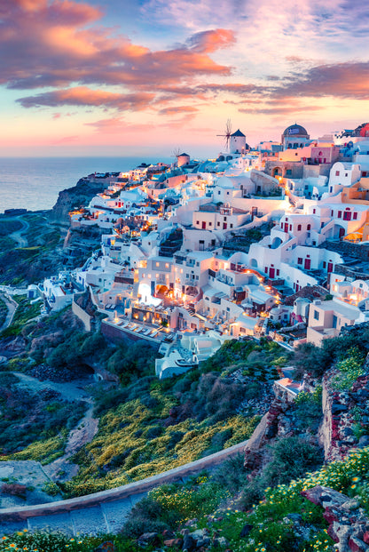 Oia Village Evening Lights Santorini Aegean Sea Wall Art Decor 100% Australian Made - Bella Home Decor