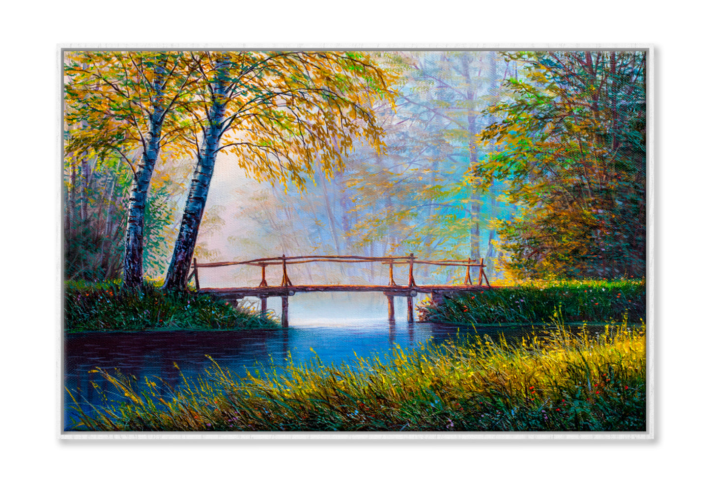 Forest River Bridge View Oil Painting Wall Art Limited Edition High Quality Print Canvas Box Framed White