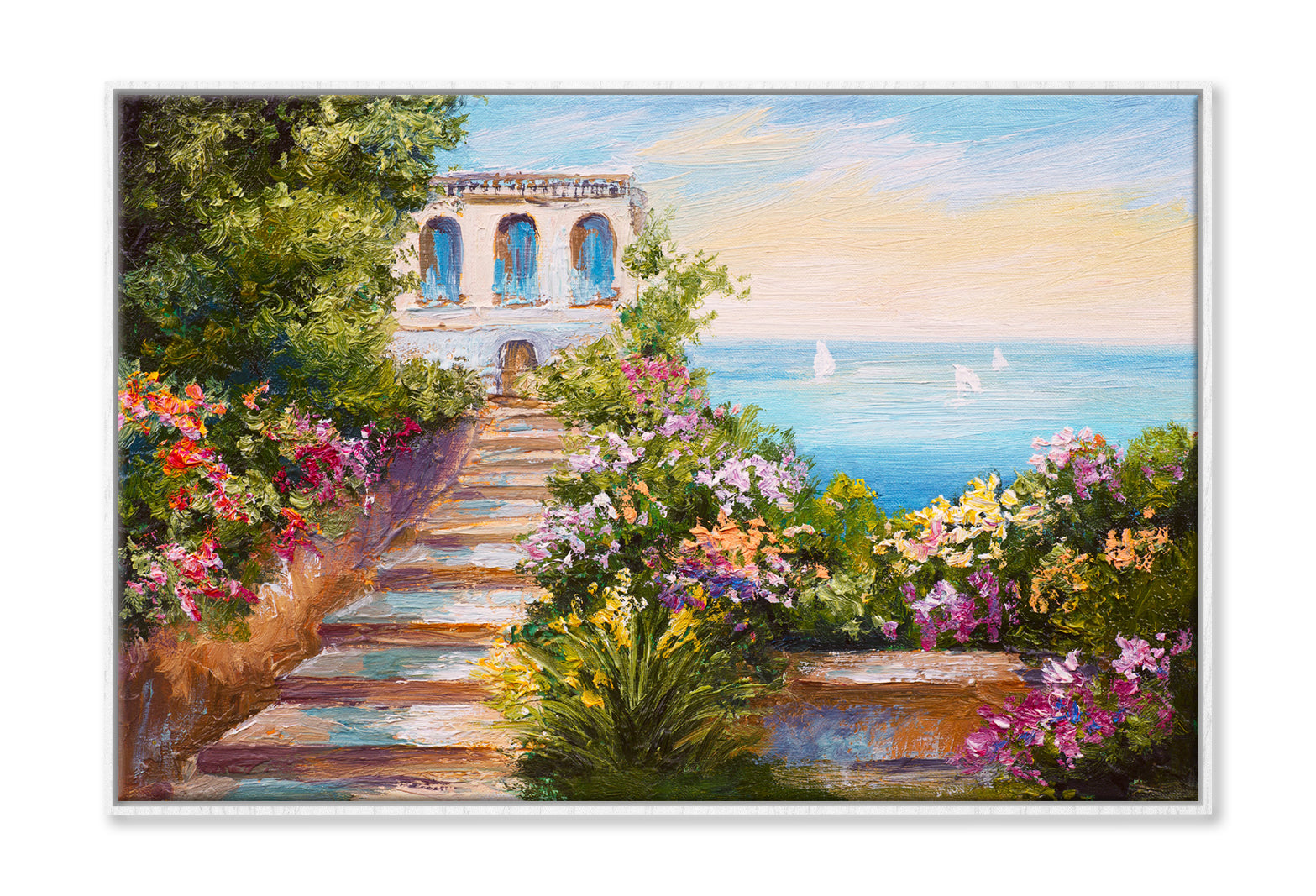 House near the Sea & Colorful Flowers Oil Painting Wall Art Limited Edition High Quality Print Canvas Box Framed White