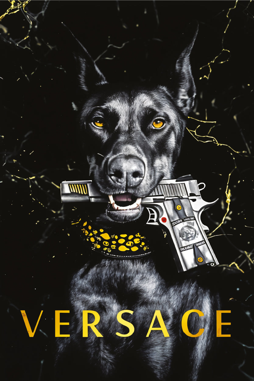 Modern Black Fashion Dobermann Dog with Gun Print 100% Australian Made