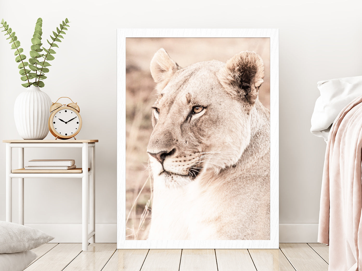 Lioness Side View Faded Photograph Glass Framed Wall Art, Ready to Hang Quality Print Without White Border White