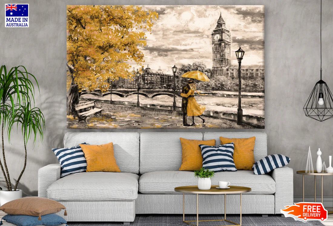 Couple Under an Yellow Umbrella in a Street of London Near Big Ben Painting 90x60cm Print 100% Australian Made - Bella Home Decor