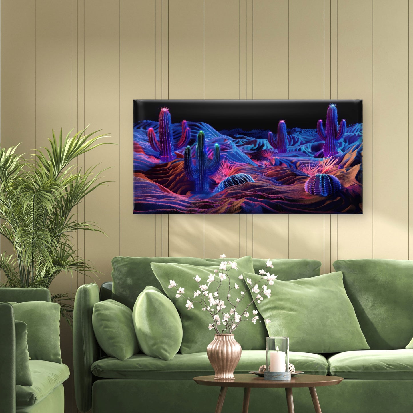 Neon Synthwave Desert Cactus Wall Art Canvas Office Home Room Framed 120x60 cm - Bella Home Decor