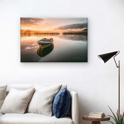 A lonely rowboat rests at sunrise on Finnsjön, Sweden  Wall Art Decor 100% Australian Made