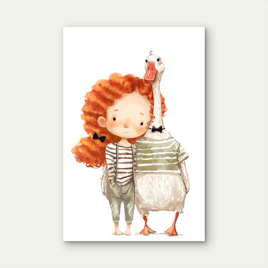 Red Hair Girl and Pet Goose 40x60cm Metal Print Ready to Hang