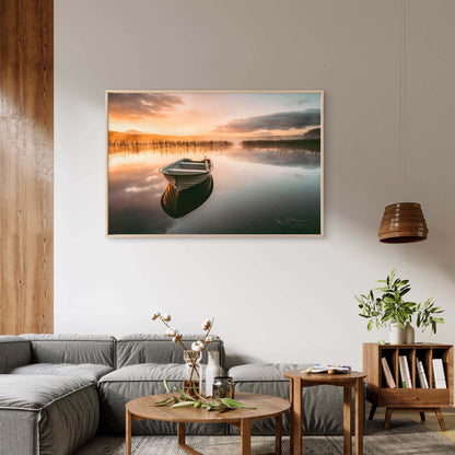 A lonely rowboat rests at sunrise on Finnsjön, Sweden  Wall Art Decor 100% Australian Made