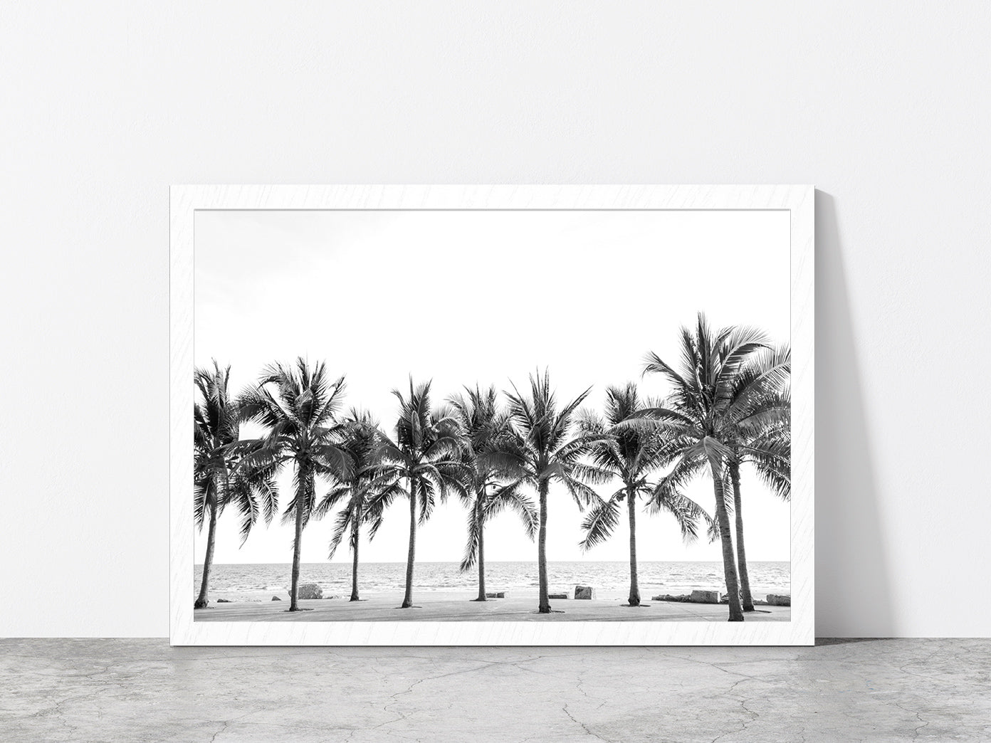 B&W Palm Trees near Beach Photograph Glass Framed Wall Art, Ready to Hang Quality Print Without White Border White