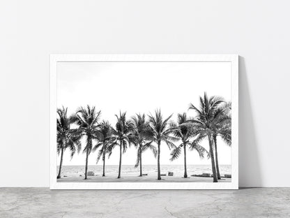 B&W Palm Trees near Beach Photograph Glass Framed Wall Art, Ready to Hang Quality Print Without White Border White