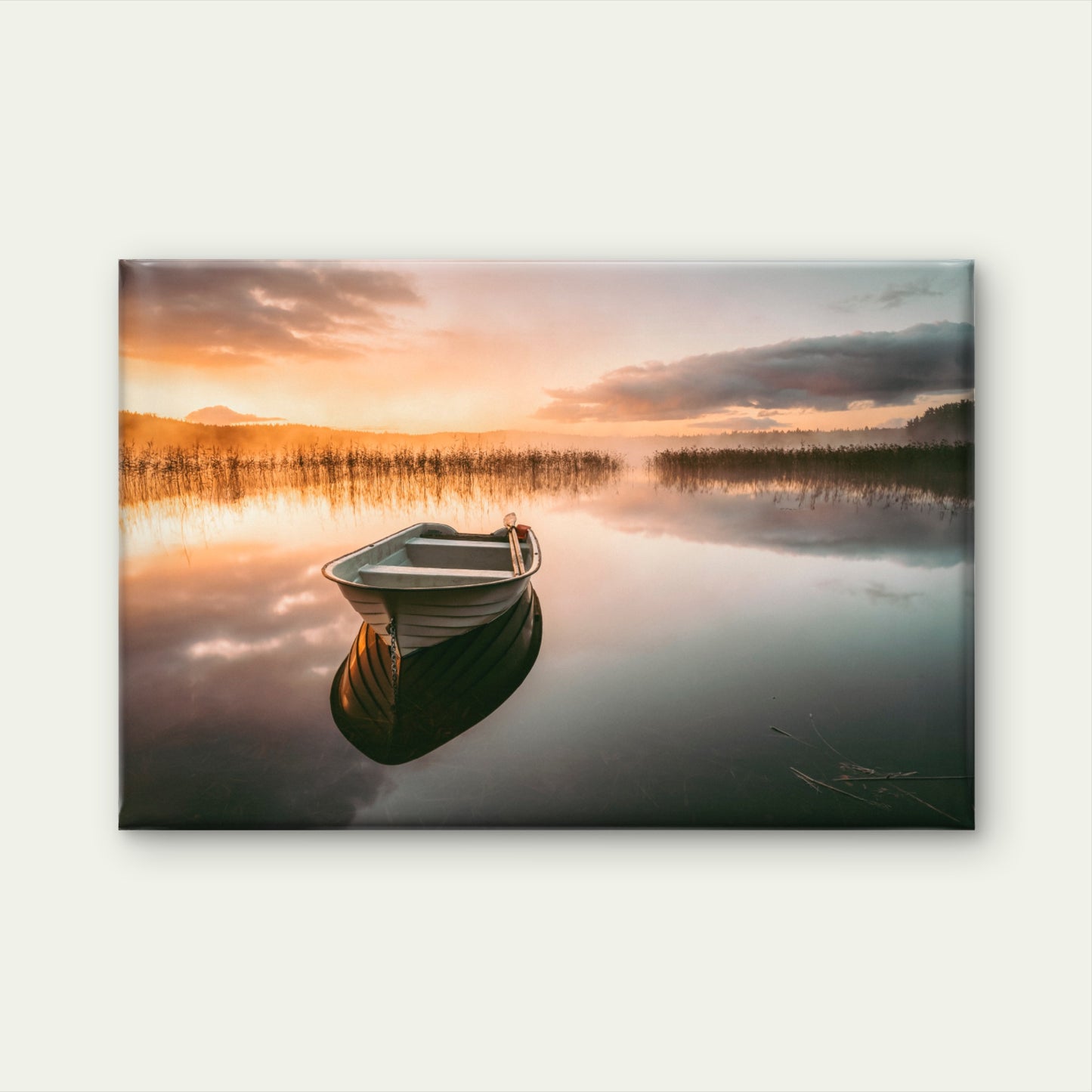 A lonely rowboat rests at sunrise on Finnsjön, Sweden  Wall Art Decor 100% Australian Made