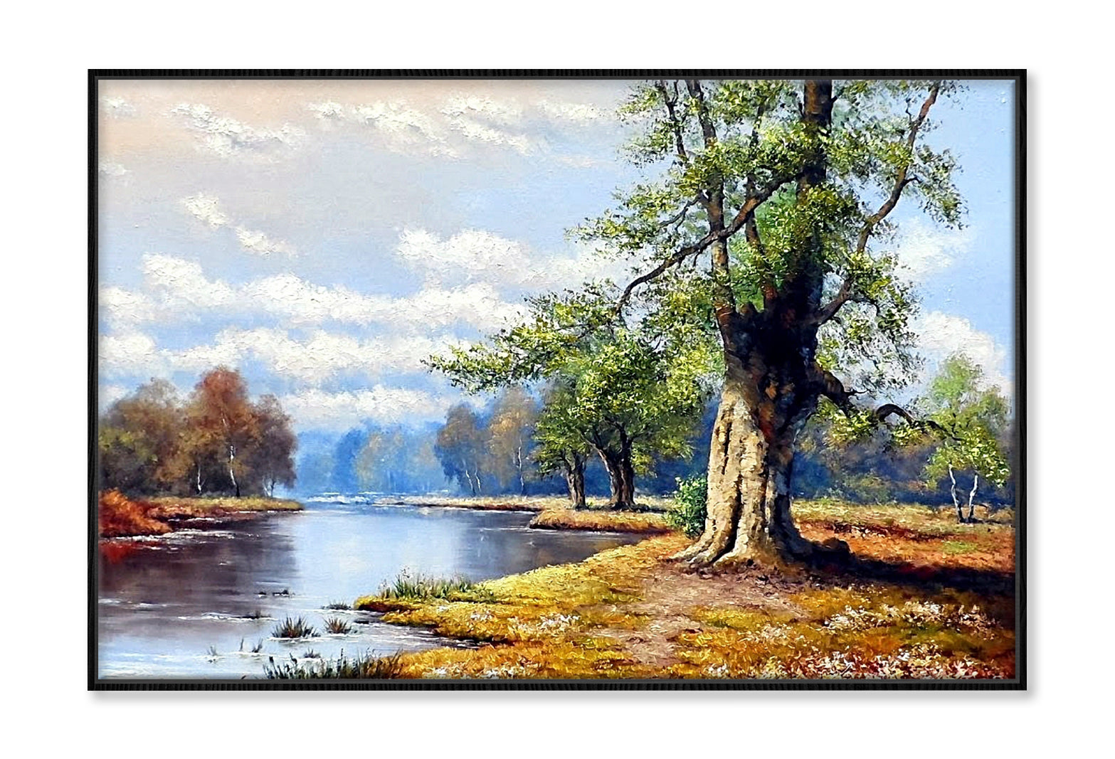 River in Forest with Cloudy Sky Oil Painting Wall Art Limited Edition High Quality Print Canvas Box Framed Black