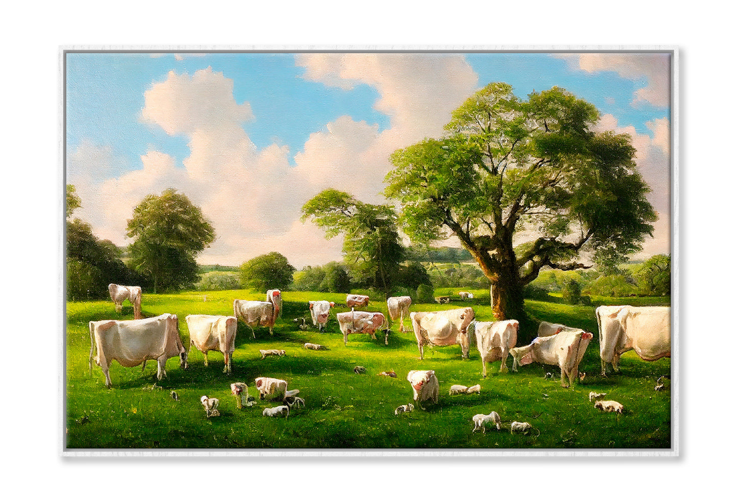 Countryside In Summer With Dairy Cows Eating In The Shade Of A Tree Oil Painting Limited Edition High Quality Print Canvas Box Framed White