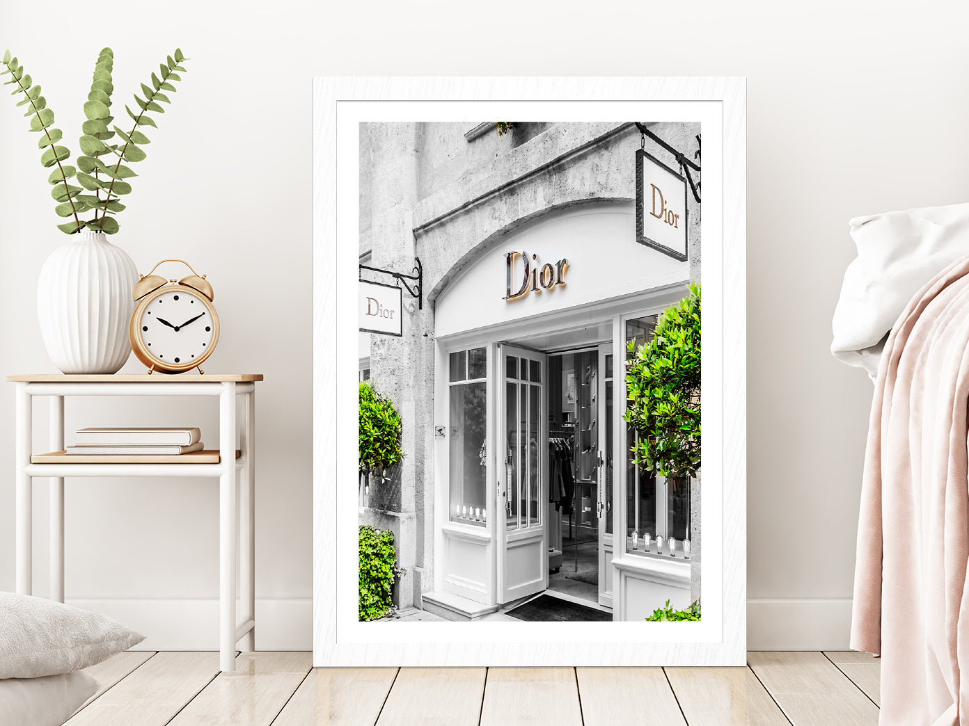 Fashion Store Front & Trees View Photograph Glass Framed Wall Art, Ready to Hang Quality Print With White Border White