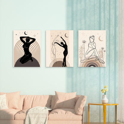 3pcs Boho Line Silhouette Moon Star Painting Wall Art Set Canvas Framed 40x60cm - High Quality Print 100% Australian Made Wall Canvas Ready to Hang