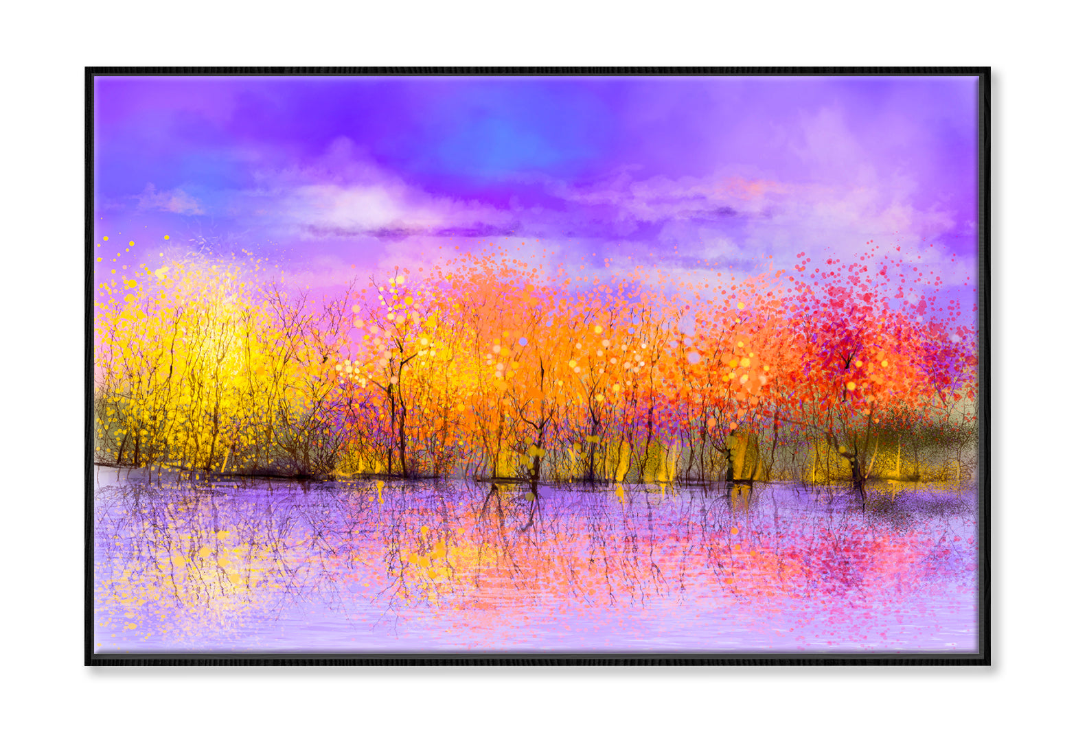 Colorful Autumn Forest, Trees With Yellow, Red Leaf & Lake Oil Painting Wall Art Limited Edition High Quality Print Canvas Box Framed Black