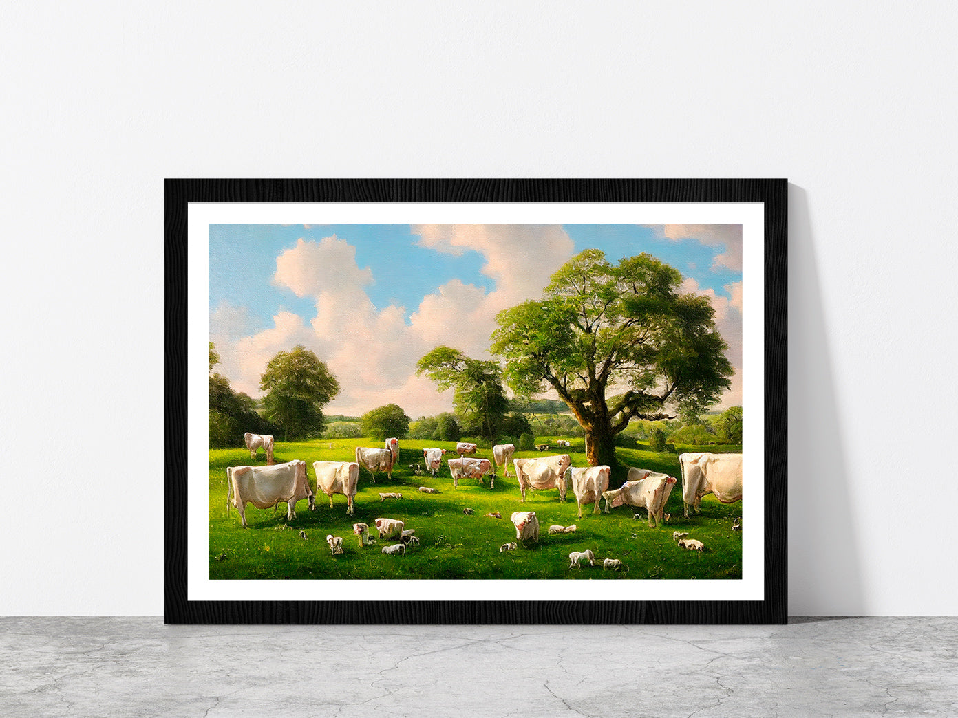 Countryside In Summer With Dairy Cows Eating In The Shade Of A Tree Glass Framed Wall Art, Ready to Hang Quality Print With White Border Black