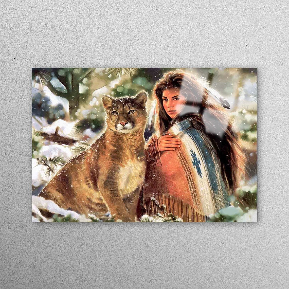 Native Woman And Big Cat Acrylic Glass Print Tempered Glass Wall Art 100% Made in Australia Ready to Hang