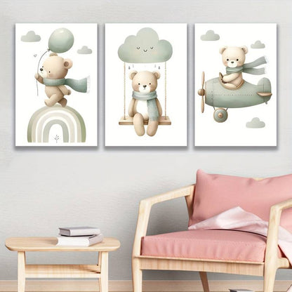3pcs Charming Cloud Swing an Adorable Bear Framed 50x70cm - High Quality Print 100% Australian Made Wall Canvas Ready to Hang - Bella Home Decor