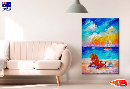 Summer Vacations. Beach Chair or Chaise Lounge and Umbrella Wall Art Limited Edition High Quality Print