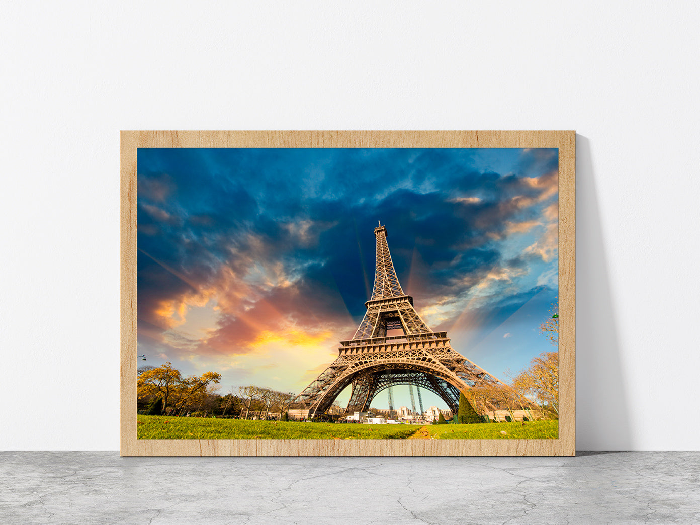 Eiffel Tower In Paris & Sunrise Glass Framed Wall Art, Ready to Hang Quality Print Without White Border Oak