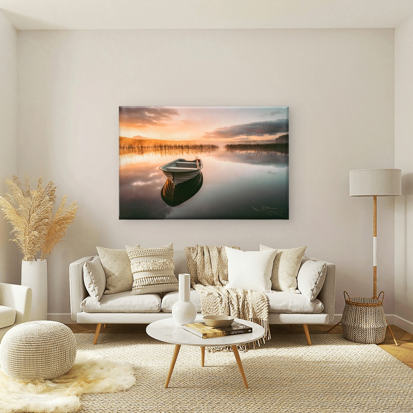 A lonely rowboat rests at sunrise on Finnsjön, Sweden  Wall Art Decor 100% Australian Made