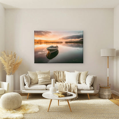 A lonely rowboat rests at sunrise on Finnsjön, Sweden  Wall Art Decor 100% Australian Made