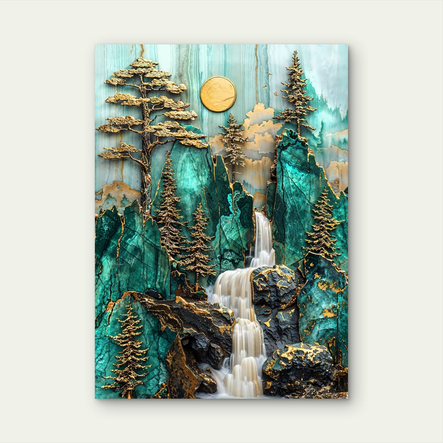 Jade Gold Mountain Waterfall 60x90cm Metal Print Ready to Hang - Bella Home Decor
