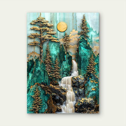 Jade Gold Mountain Waterfall 60x90cm Metal Print Ready to Hang - Bella Home Decor