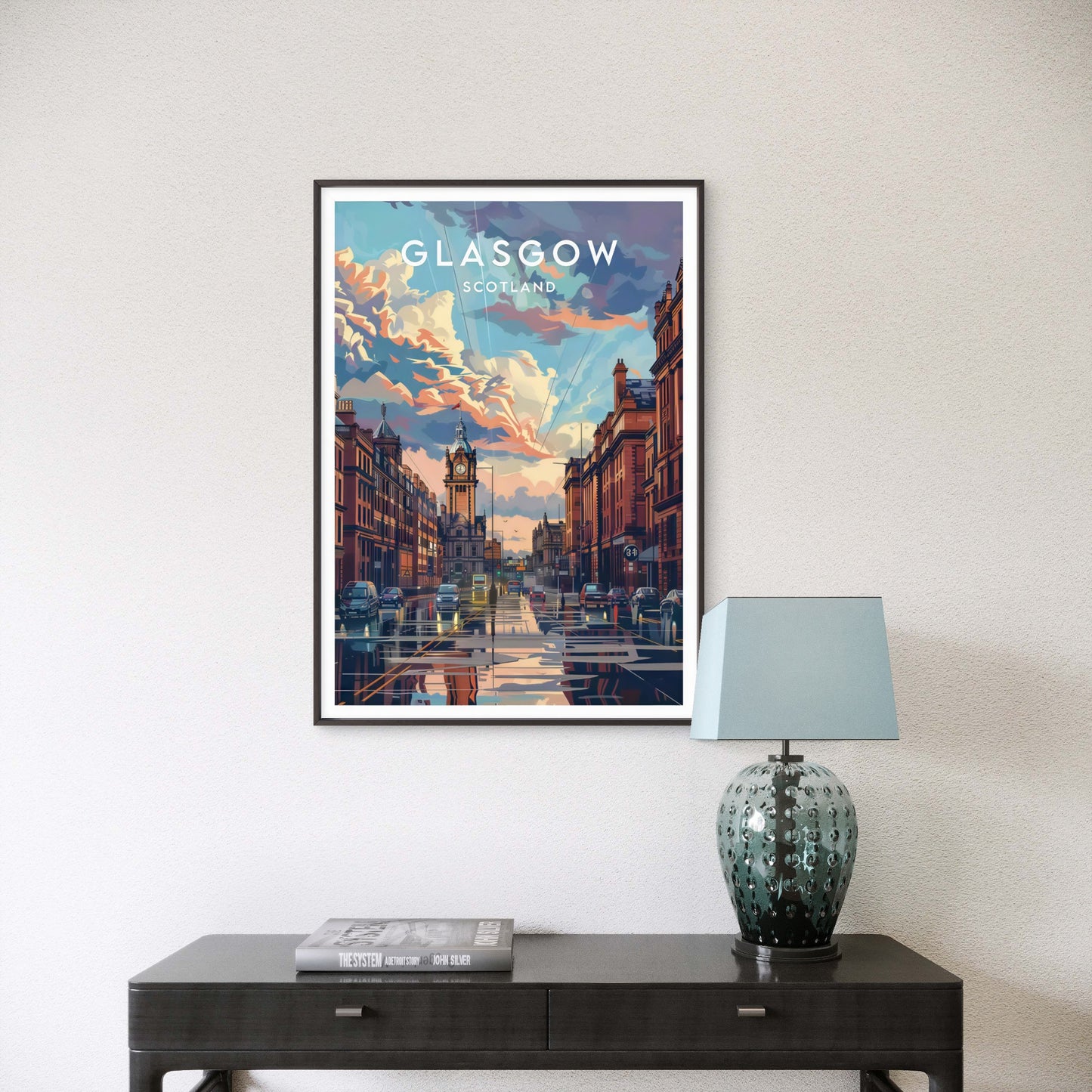 Glasgow Scotland Cityscape Sunset Street with Historic Buildings Travel Poster Print Wall Art